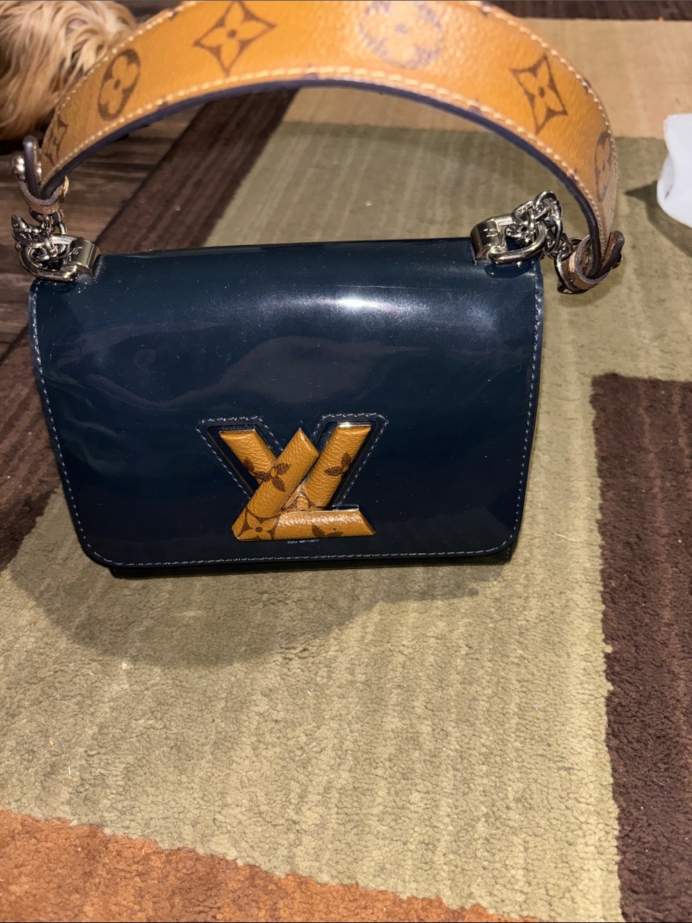 Louis Vuitton Navy Patent Crossbody with Tan Monogram Strap